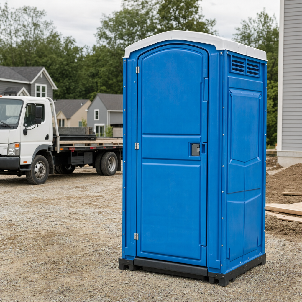 Delivery driver positioning a clean royal-blue portable toilet on level ground at a Lawrence worksite