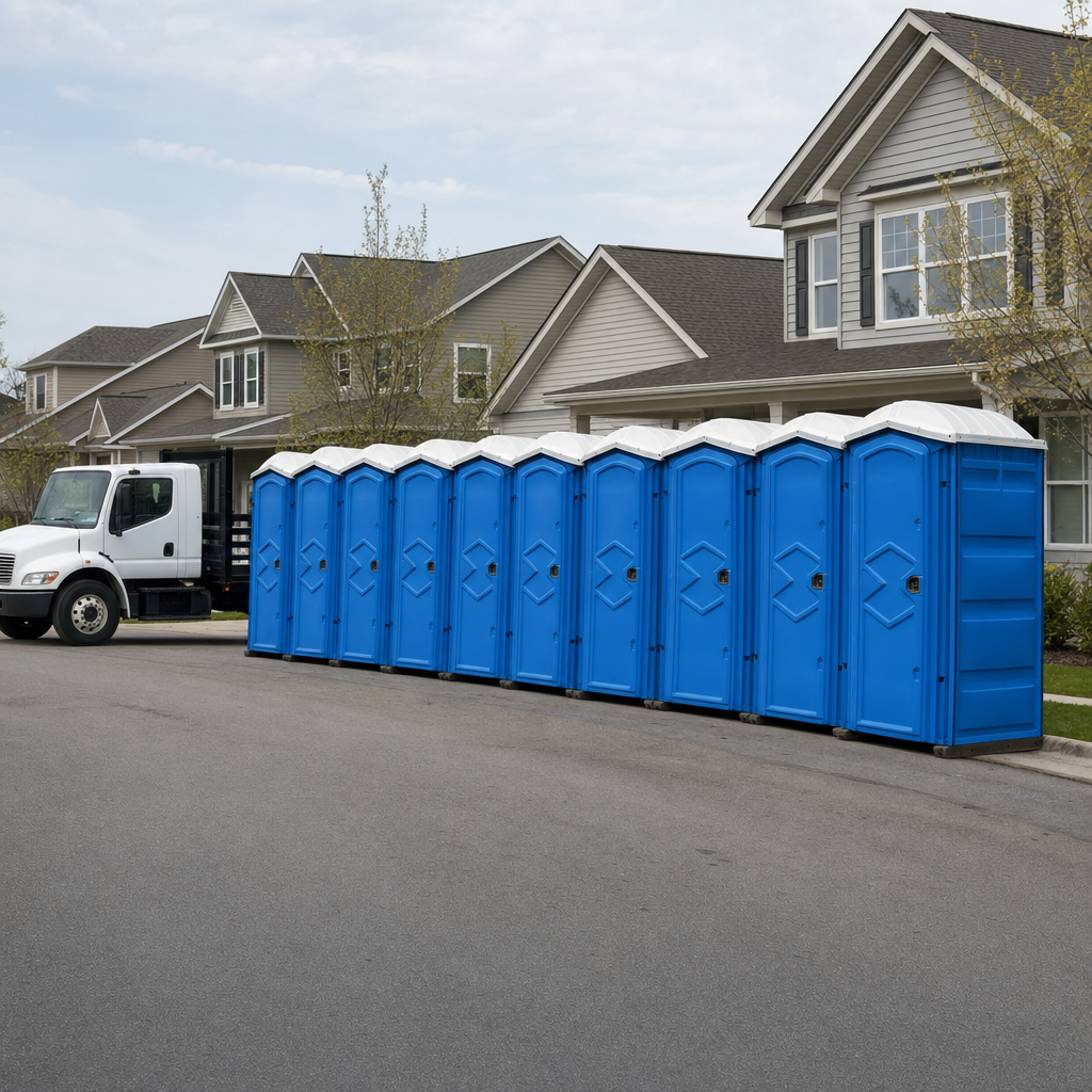 Royal blue portable toilets staged in a tidy row at a Lawrence jobsite, ready for delivery